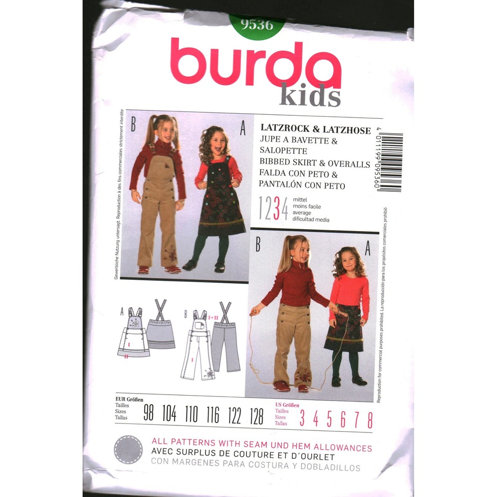 Burda Kids 9536 Sewing Pattern Bibbed Skirt Overalls Sizes 3-8 cut